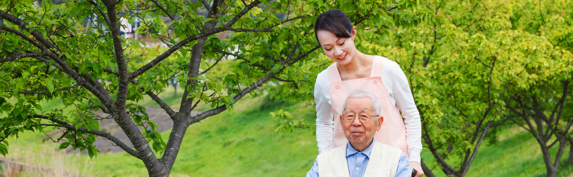 caregiver pushing old man sitting on a wheelchair